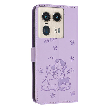 Motorola Edge 50 Ultra Embossed Kitten PU Leather Wallet Case with Card Slots, Cash Pocket, Kickstand Function, Wrist Lanyard Strap, Full Protective TPU Flip Cover
