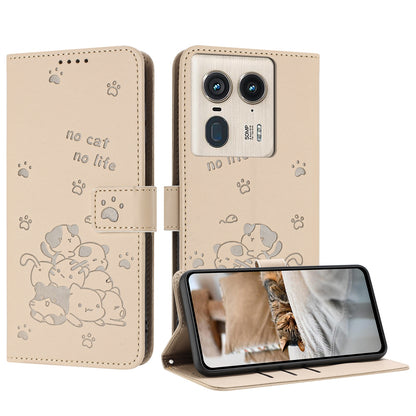 Motorola Edge 50 Ultra Embossed Kitten PU Leather Wallet Case with Card Slots, Cash Pocket, Kickstand Function, Wrist Lanyard Strap, Full Protective TPU Flip Cover