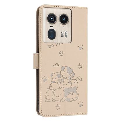 Motorola Edge 50 Ultra Embossed Kitten PU Leather Wallet Case with Card Slots, Cash Pocket, Kickstand Function, Wrist Lanyard Strap, Full Protective TPU Flip Cover