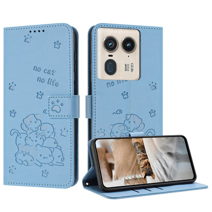 Motorola Edge 50 Ultra Embossed Kitten PU Leather Wallet Case with Card Slots, Cash Pocket, Kickstand Function, Wrist Lanyard Strap, Full Protective TPU Flip Cover