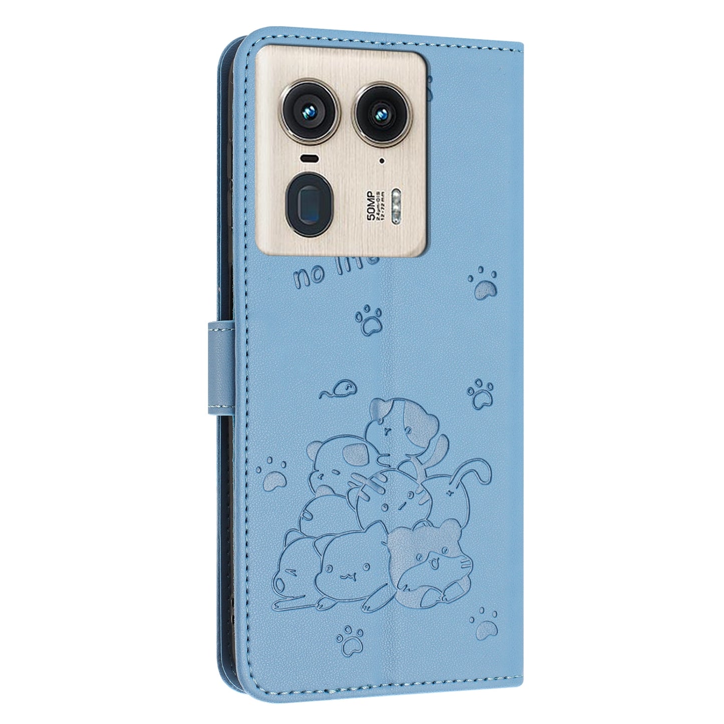 Motorola Edge 50 Ultra Embossed Kitten PU Leather Wallet Case with Card Slots, Cash Pocket, Kickstand Function, Wrist Lanyard Strap, Full Protective TPU Flip Cover