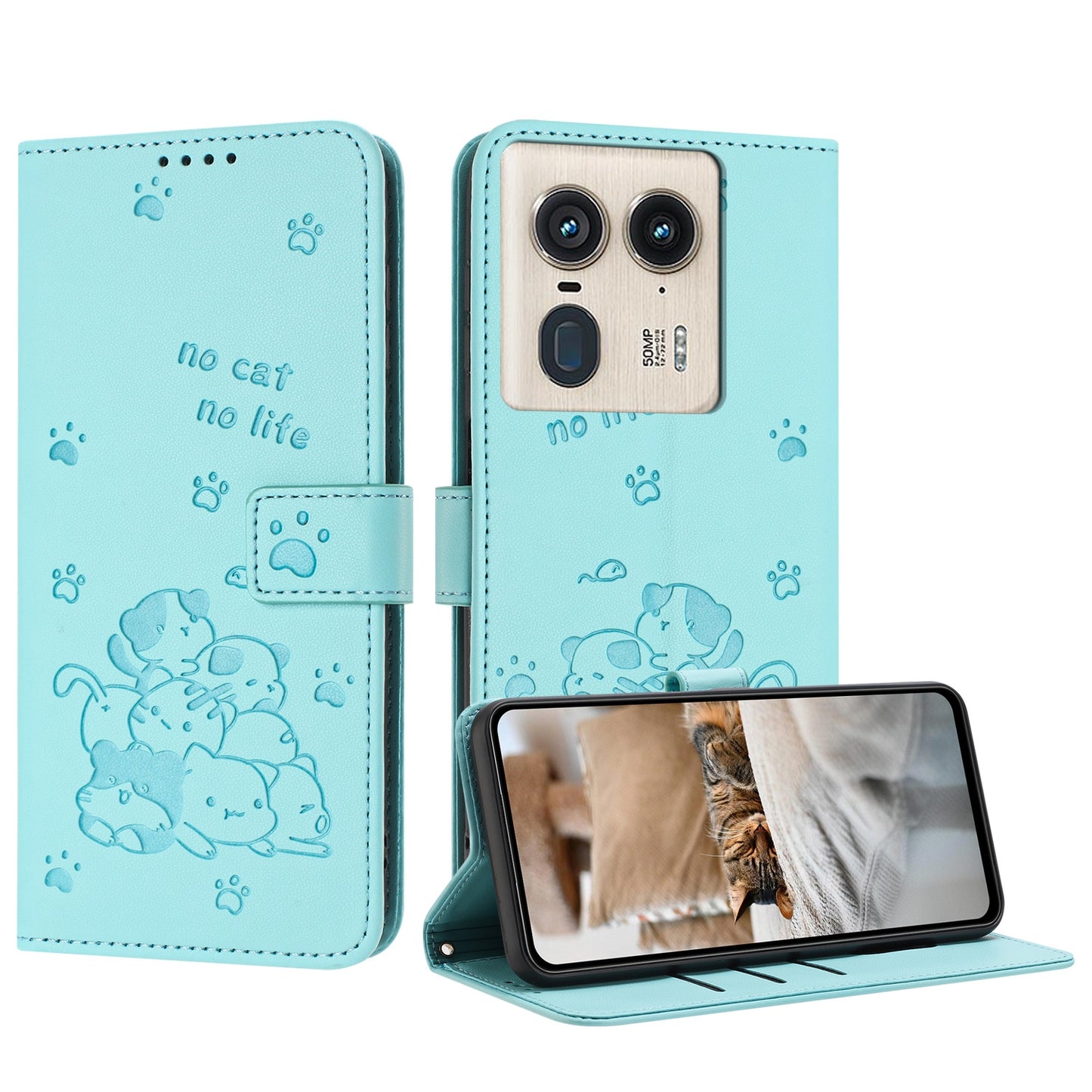 Motorola Edge 50 Ultra Embossed Kitten PU Leather Wallet Case with Card Slots, Cash Pocket, Kickstand Function, Wrist Lanyard Strap, Full Protective TPU Flip Cover