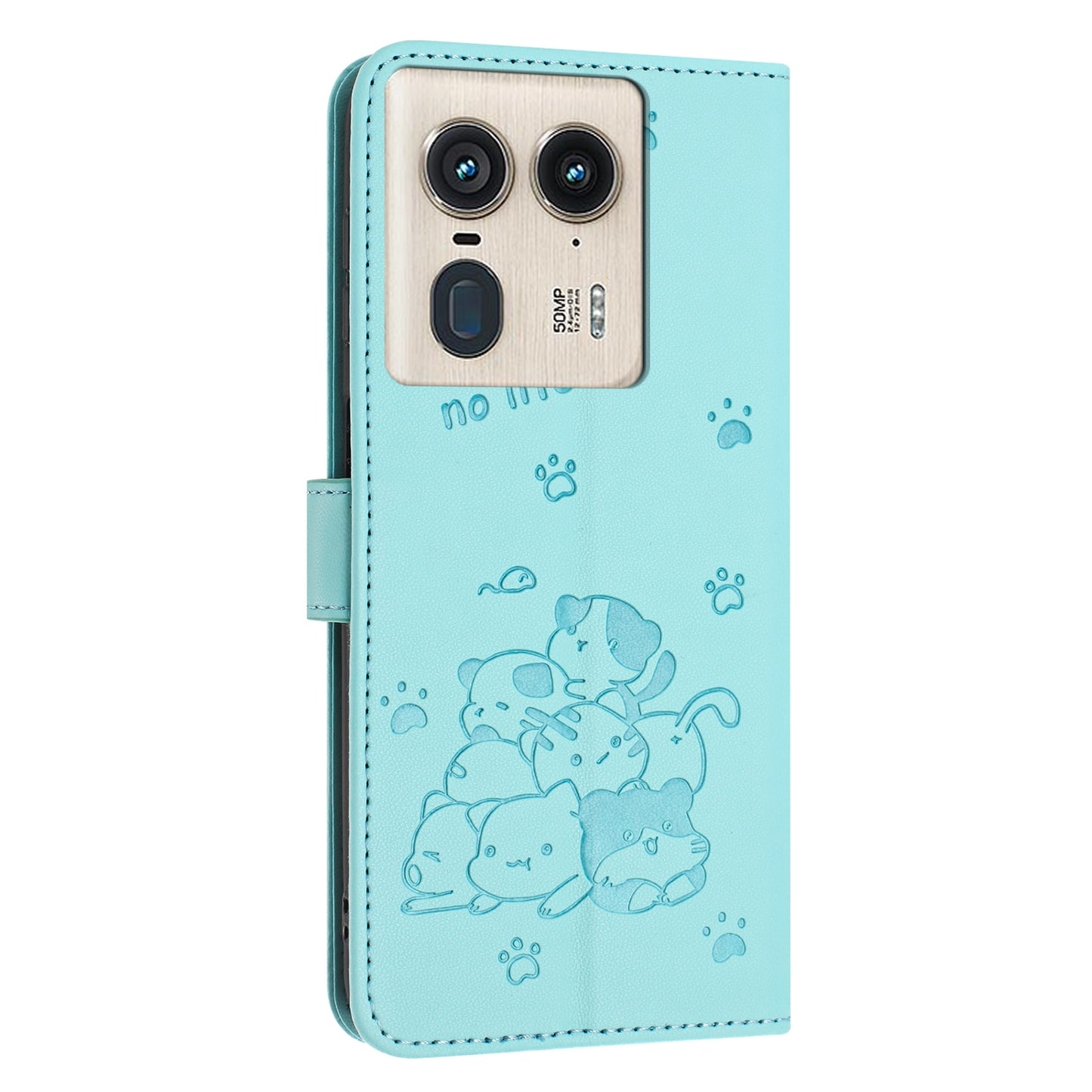 Motorola Edge 50 Ultra Embossed Kitten PU Leather Wallet Case with Card Slots, Cash Pocket, Kickstand Function, Wrist Lanyard Strap, Full Protective TPU Flip Cover