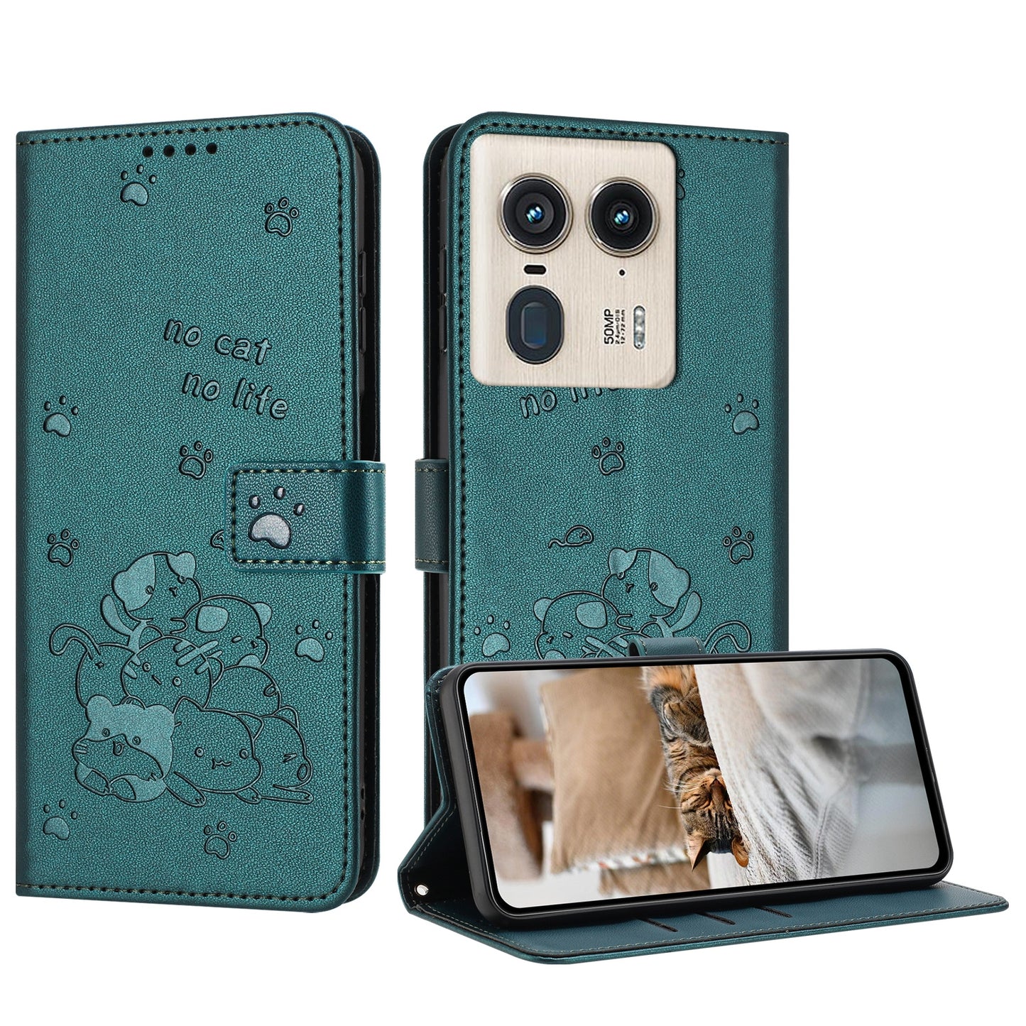 Motorola Edge 50 Ultra Embossed Kitten PU Leather Wallet Case with Card Slots, Cash Pocket, Kickstand Function, Wrist Lanyard Strap, Full Protective TPU Flip Cover