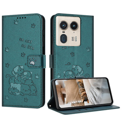 Motorola Edge 50 Ultra Embossed Kitten PU Leather Wallet Case with Card Slots, Cash Pocket, Kickstand Function, Wrist Lanyard Strap, Full Protective TPU Flip Cover