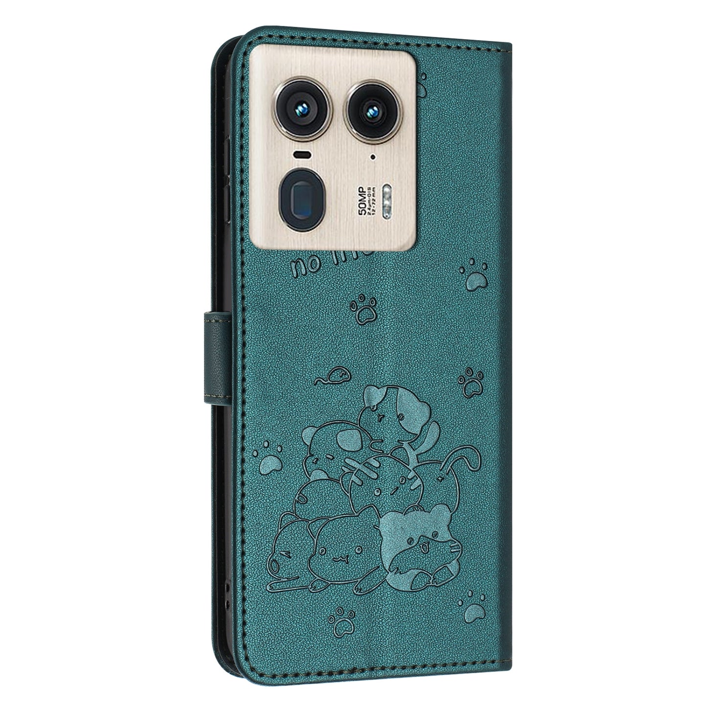 Motorola Edge 50 Ultra Embossed Kitten PU Leather Wallet Case with Card Slots, Cash Pocket, Kickstand Function, Wrist Lanyard Strap, Full Protective TPU Flip Cover