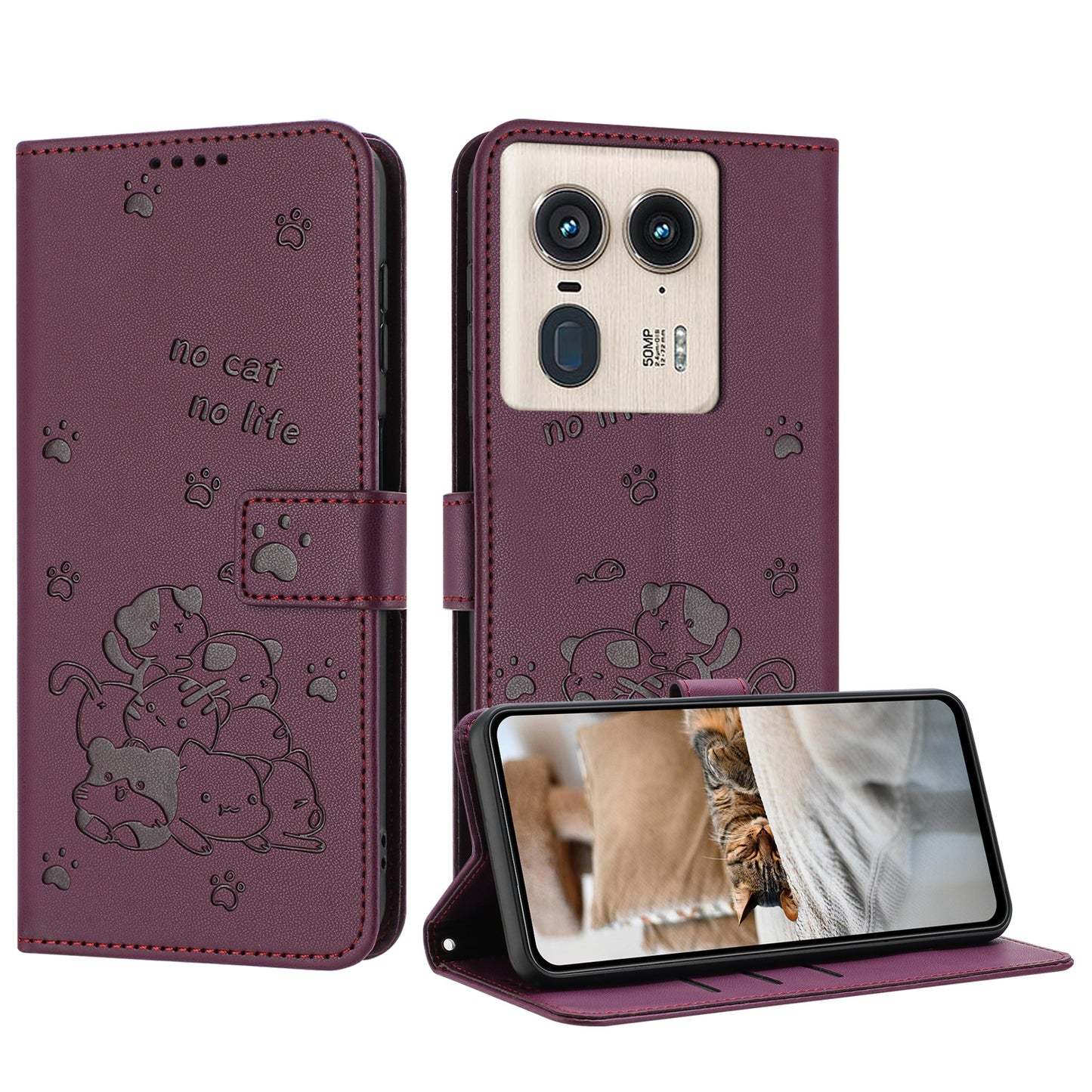 Motorola Edge 50 Ultra Embossed Kitten PU Leather Wallet Case with Card Slots, Cash Pocket, Kickstand Function, Wrist Lanyard Strap, Full Protective TPU Flip Cover