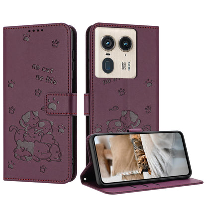 Motorola Edge 50 Ultra Embossed Kitten PU Leather Wallet Case with Card Slots, Cash Pocket, Kickstand Function, Wrist Lanyard Strap, Full Protective TPU Flip Cover
