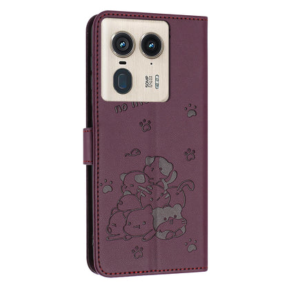 Motorola Edge 50 Ultra Embossed Kitten PU Leather Wallet Case with Card Slots, Cash Pocket, Kickstand Function, Wrist Lanyard Strap, Full Protective TPU Flip Cover