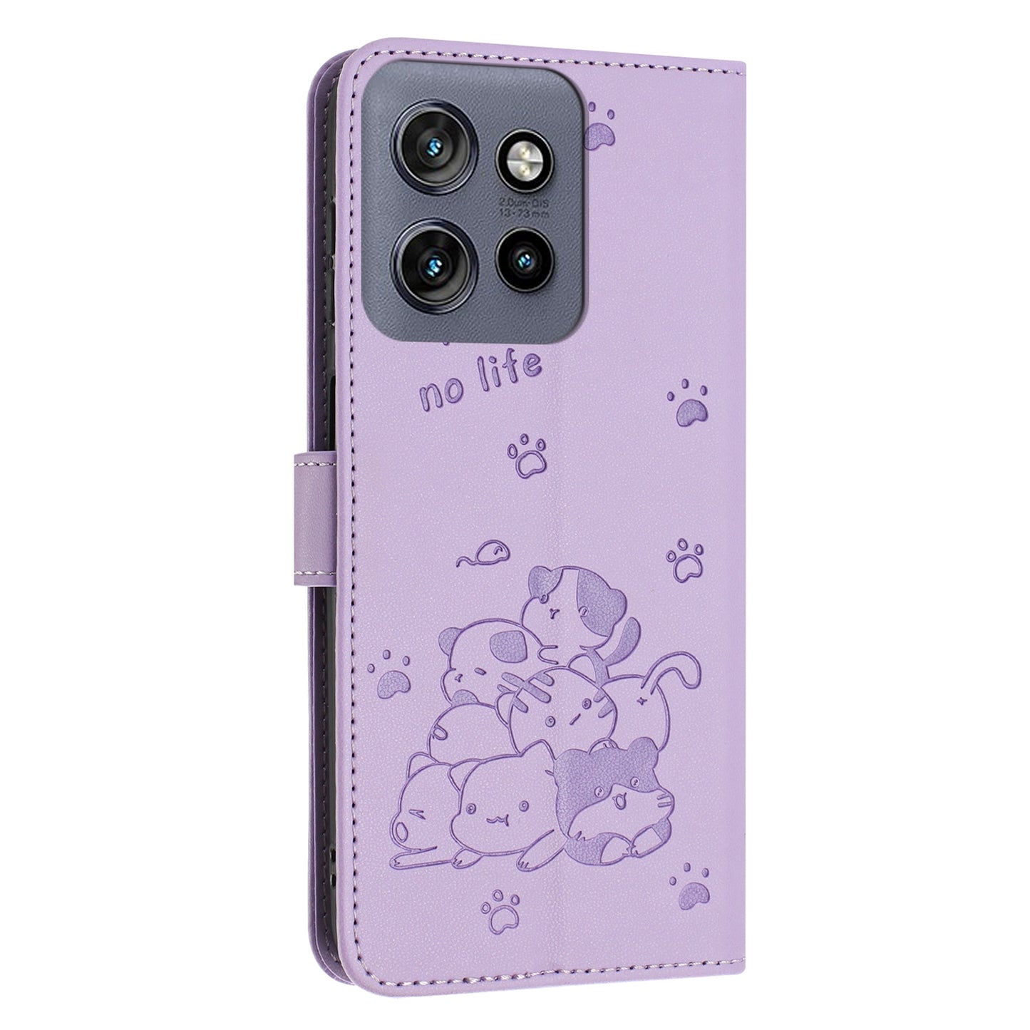 Motorola Moto S50 Embossed Kitten PU Leather Wallet Case with Card Slots, Cash Pocket, Kickstand Function, Wrist Lanyard Strap, Full Protective TPU Flip Cover
