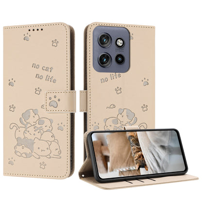 Motorola Moto S50 Embossed Kitten PU Leather Wallet Case with Card Slots, Cash Pocket, Kickstand Function, Wrist Lanyard Strap, Full Protective TPU Flip Cover