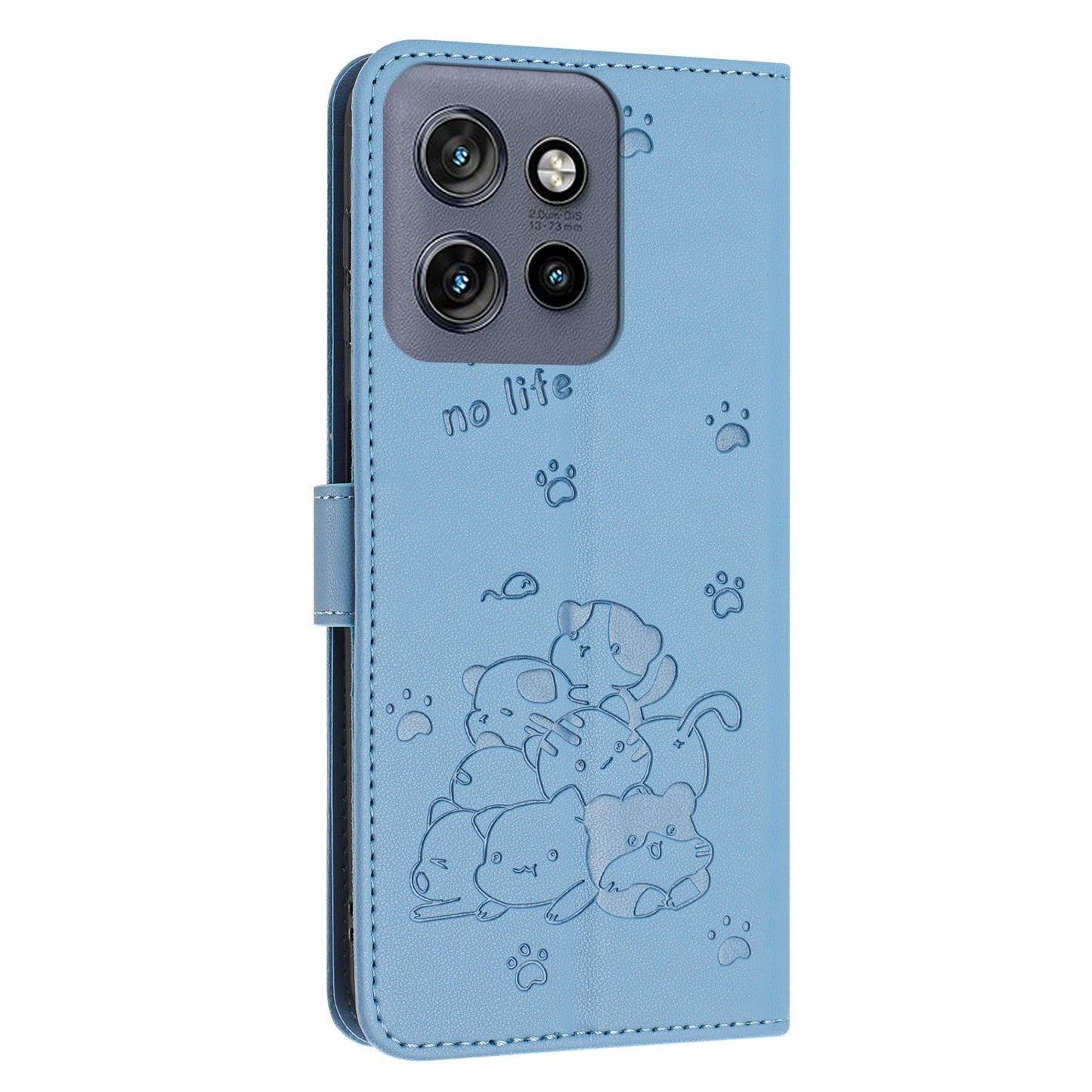 Motorola Moto S50 Embossed Kitten PU Leather Wallet Case with Card Slots, Cash Pocket, Kickstand Function, Wrist Lanyard Strap, Full Protective TPU Flip Cover
