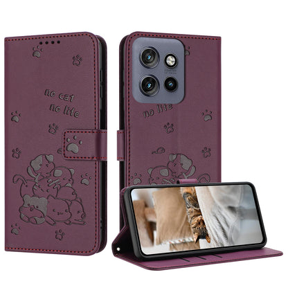 Motorola Moto S50 Embossed Kitten PU Leather Wallet Case with Card Slots, Cash Pocket, Kickstand Function, Wrist Lanyard Strap, Full Protective TPU Flip Cover