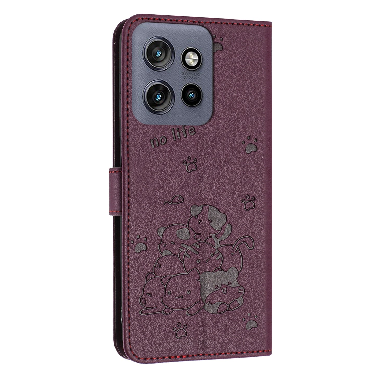 Motorola Moto S50 Embossed Kitten PU Leather Wallet Case with Card Slots, Cash Pocket, Kickstand Function, Wrist Lanyard Strap, Full Protective TPU Flip Cover
