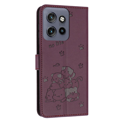 Motorola Edge 50 Neo Embossed Kitten PU Leather Wallet Case with Card Slots, Cash Pocket, Kickstand Function, Wrist Lanyard Strap, Full Protective TPU Flip Cover