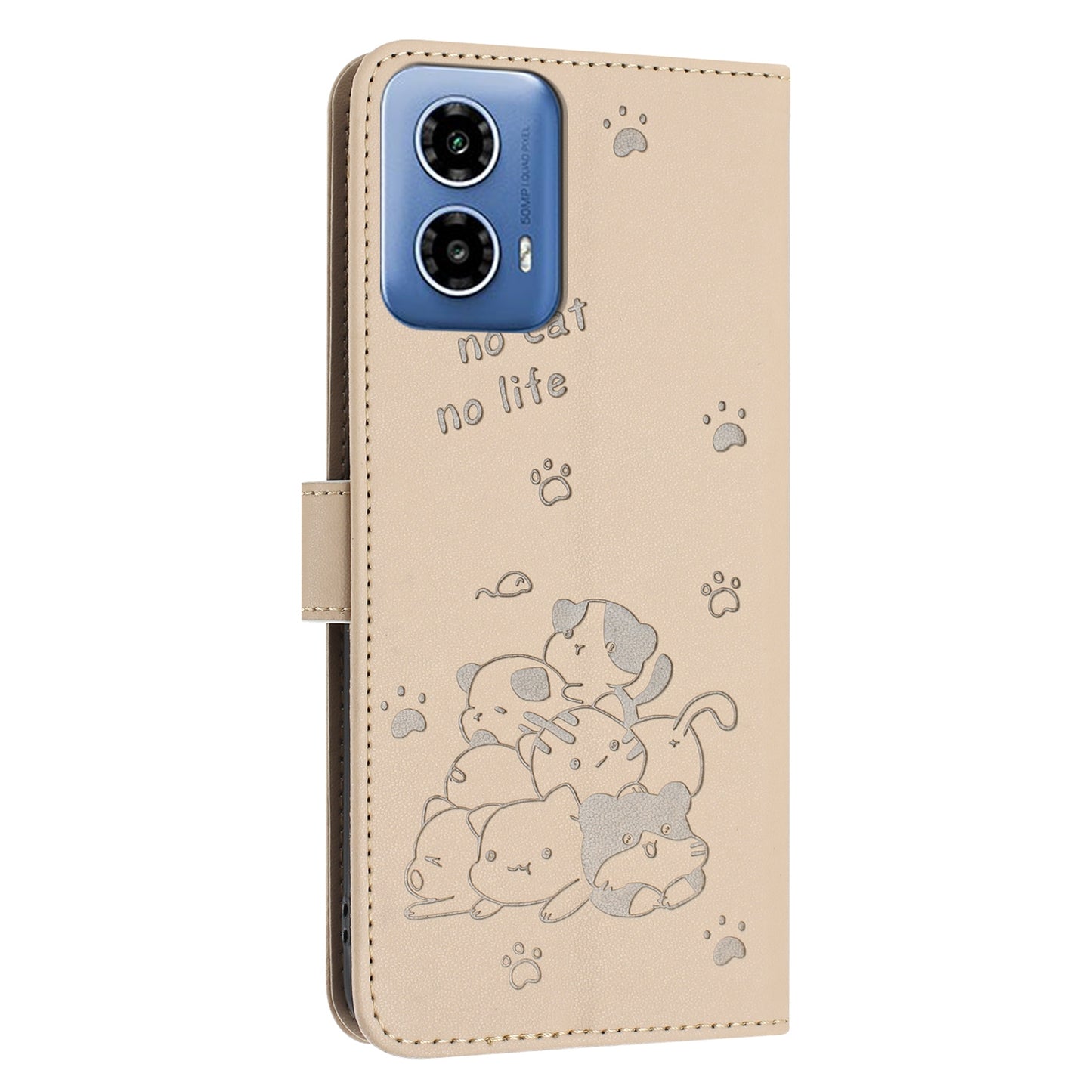 Motorola Moto G 5G 2024 Embossed Kitten PU Leather Wallet Case with Card Slots, Cash Pocket, Kickstand Function, Wrist Lanyard Strap, Full Protective TPU Flip Cover