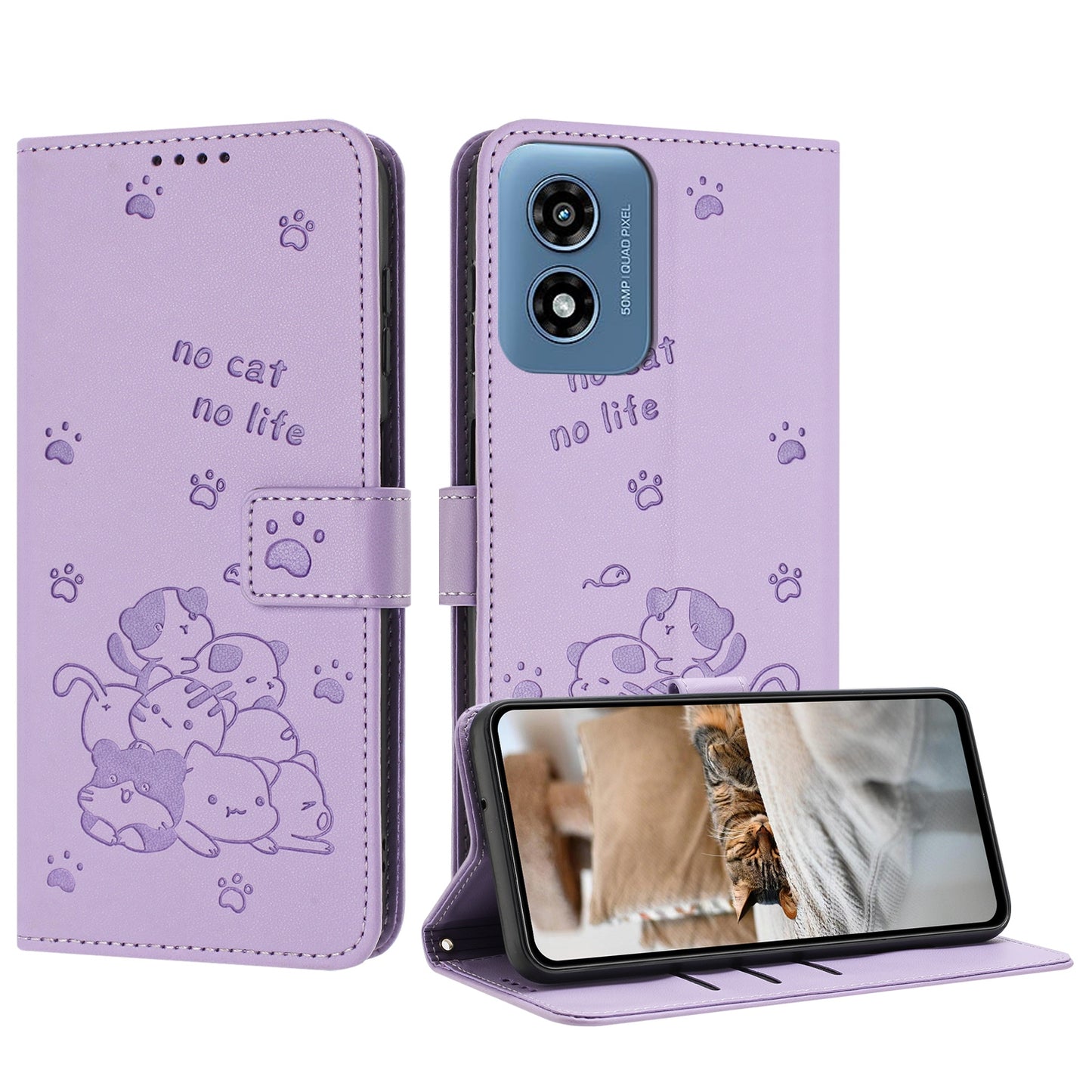Motorola Moto G Play 4G 2024 Embossed Kitten PU Leather Wallet Case with Card Slots, Cash Pocket, Kickstand Function, Wrist Lanyard Strap, Full Protective TPU Flip Cover