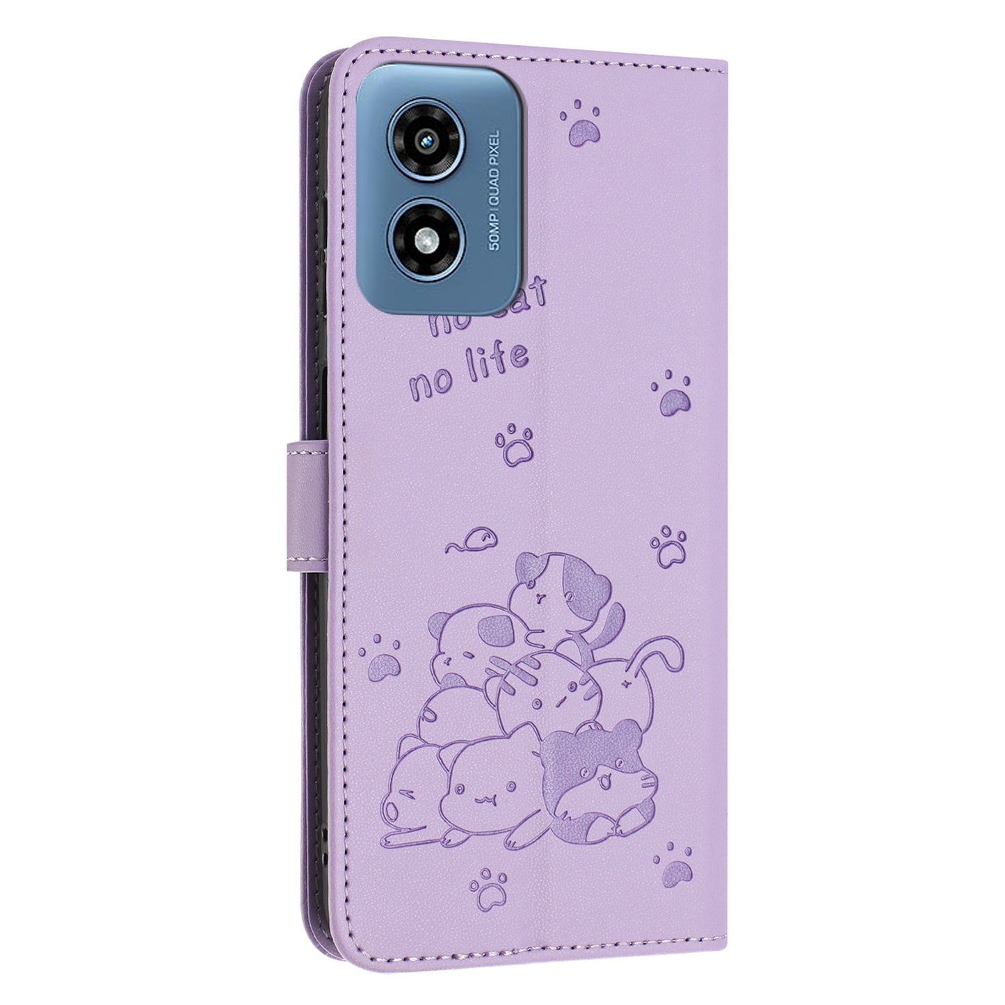 Motorola Moto G Play 4G 2024 Embossed Kitten PU Leather Wallet Case with Card Slots, Cash Pocket, Kickstand Function, Wrist Lanyard Strap, Full Protective TPU Flip Cover