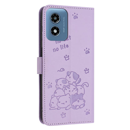 Motorola Moto G Play 4G 2024 Embossed Kitten PU Leather Wallet Case with Card Slots, Cash Pocket, Kickstand Function, Wrist Lanyard Strap, Full Protective TPU Flip Cover