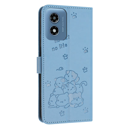 Motorola Moto G Play 4G 2024 Embossed Kitten PU Leather Wallet Case with Card Slots, Cash Pocket, Kickstand Function, Wrist Lanyard Strap, Full Protective TPU Flip Cover