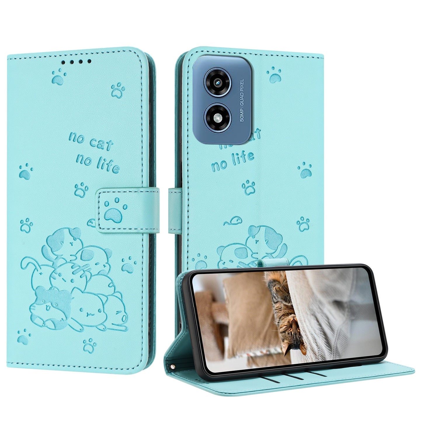 Motorola Moto G Play 4G 2024 Embossed Kitten PU Leather Wallet Case with Card Slots, Cash Pocket, Kickstand Function, Wrist Lanyard Strap, Full Protective TPU Flip Cover