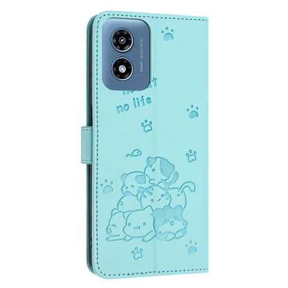 Motorola Moto G Play 4G 2024 Embossed Kitten PU Leather Wallet Case with Card Slots, Cash Pocket, Kickstand Function, Wrist Lanyard Strap, Full Protective TPU Flip Cover