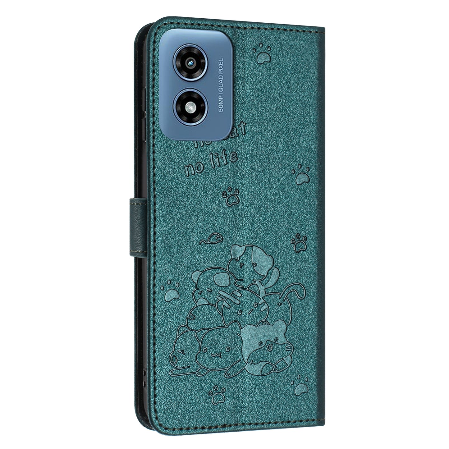Motorola Moto G Play 4G 2024 Embossed Kitten PU Leather Wallet Case with Card Slots, Cash Pocket, Kickstand Function, Wrist Lanyard Strap, Full Protective TPU Flip Cover