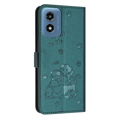 Motorola Moto G Play 4G 2024 Embossed Kitten PU Leather Wallet Case with Card Slots, Cash Pocket, Kickstand Function, Wrist Lanyard Strap, Full Protective TPU Flip Cover
