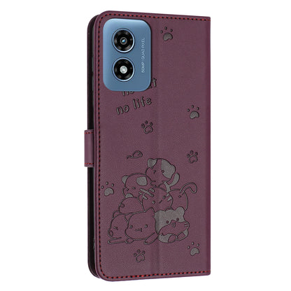 Motorola Moto G Play 4G 2024 Embossed Kitten PU Leather Wallet Case with Card Slots, Cash Pocket, Kickstand Function, Wrist Lanyard Strap, Full Protective TPU Flip Cover