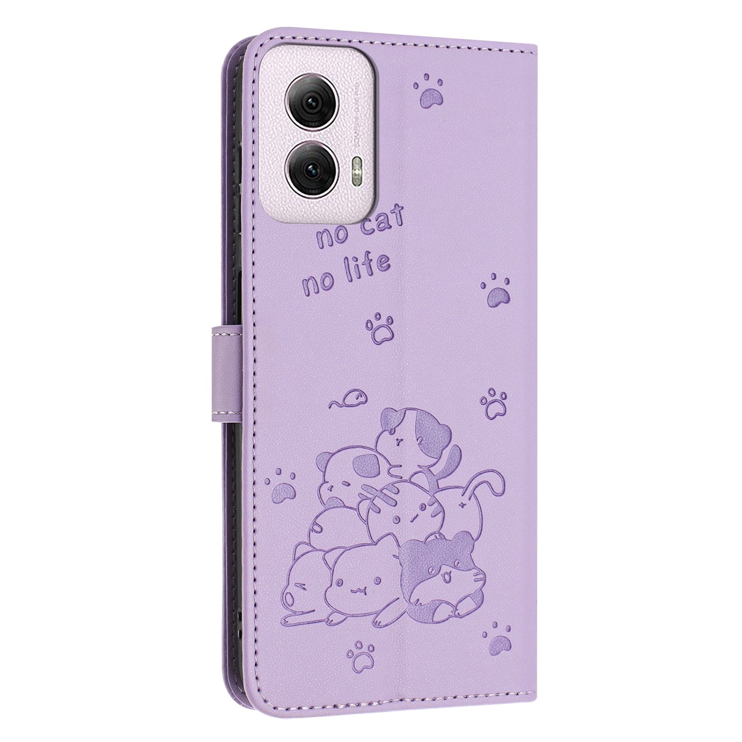 Motorola Moto G Power 5G 2024 Embossed Kitten PU Leather Wallet Case with Card Slots, Cash Pocket, Kickstand Function, Wrist Lanyard Strap, Full Protective TPU Flip Cover
