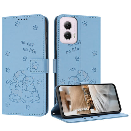 Motorola Moto G Power 5G 2024 Embossed Kitten PU Leather Wallet Case with Card Slots, Cash Pocket, Kickstand Function, Wrist Lanyard Strap, Full Protective TPU Flip Cover