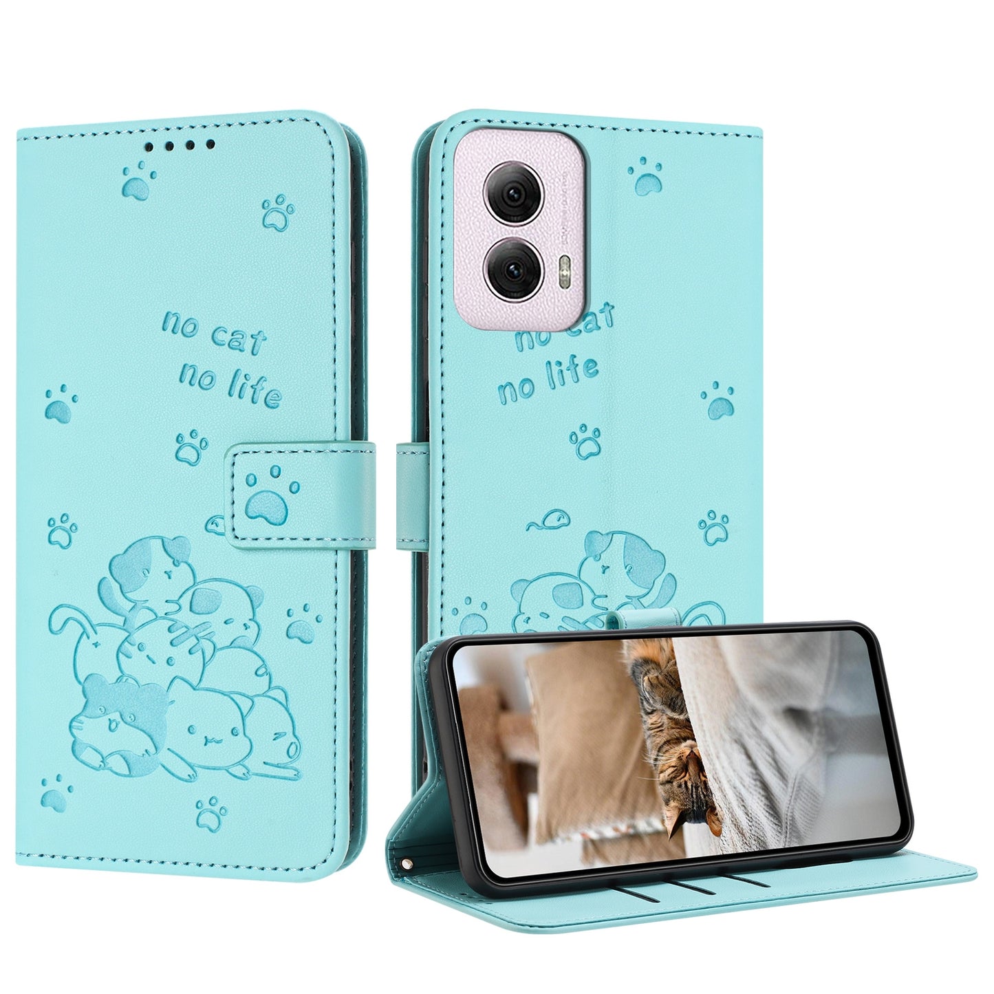 Motorola Moto G Power 5G 2024 Embossed Kitten PU Leather Wallet Case with Card Slots, Cash Pocket, Kickstand Function, Wrist Lanyard Strap, Full Protective TPU Flip Cover