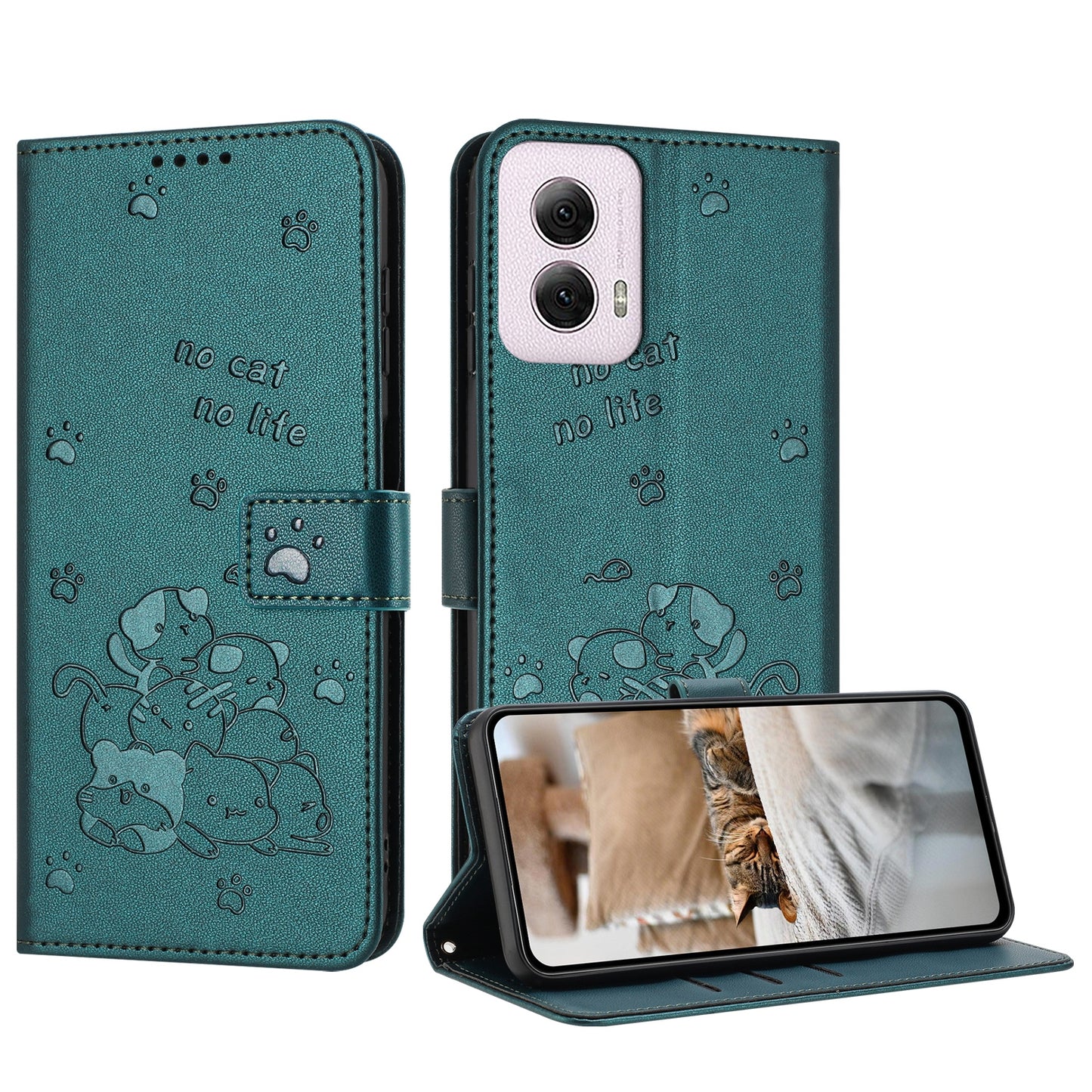 Motorola Moto G Power 5G 2024 Embossed Kitten PU Leather Wallet Case with Card Slots, Cash Pocket, Kickstand Function, Wrist Lanyard Strap, Full Protective TPU Flip Cover