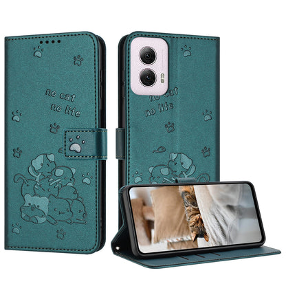Motorola Moto G Power 5G 2024 Embossed Kitten PU Leather Wallet Case with Card Slots, Cash Pocket, Kickstand Function, Wrist Lanyard Strap, Full Protective TPU Flip Cover