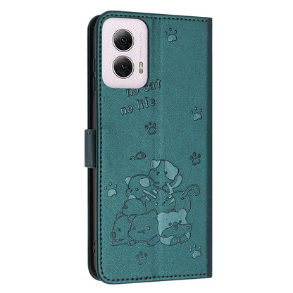 Motorola Moto G Power 5G 2024 Embossed Kitten PU Leather Wallet Case with Card Slots, Cash Pocket, Kickstand Function, Wrist Lanyard Strap, Full Protective TPU Flip Cover