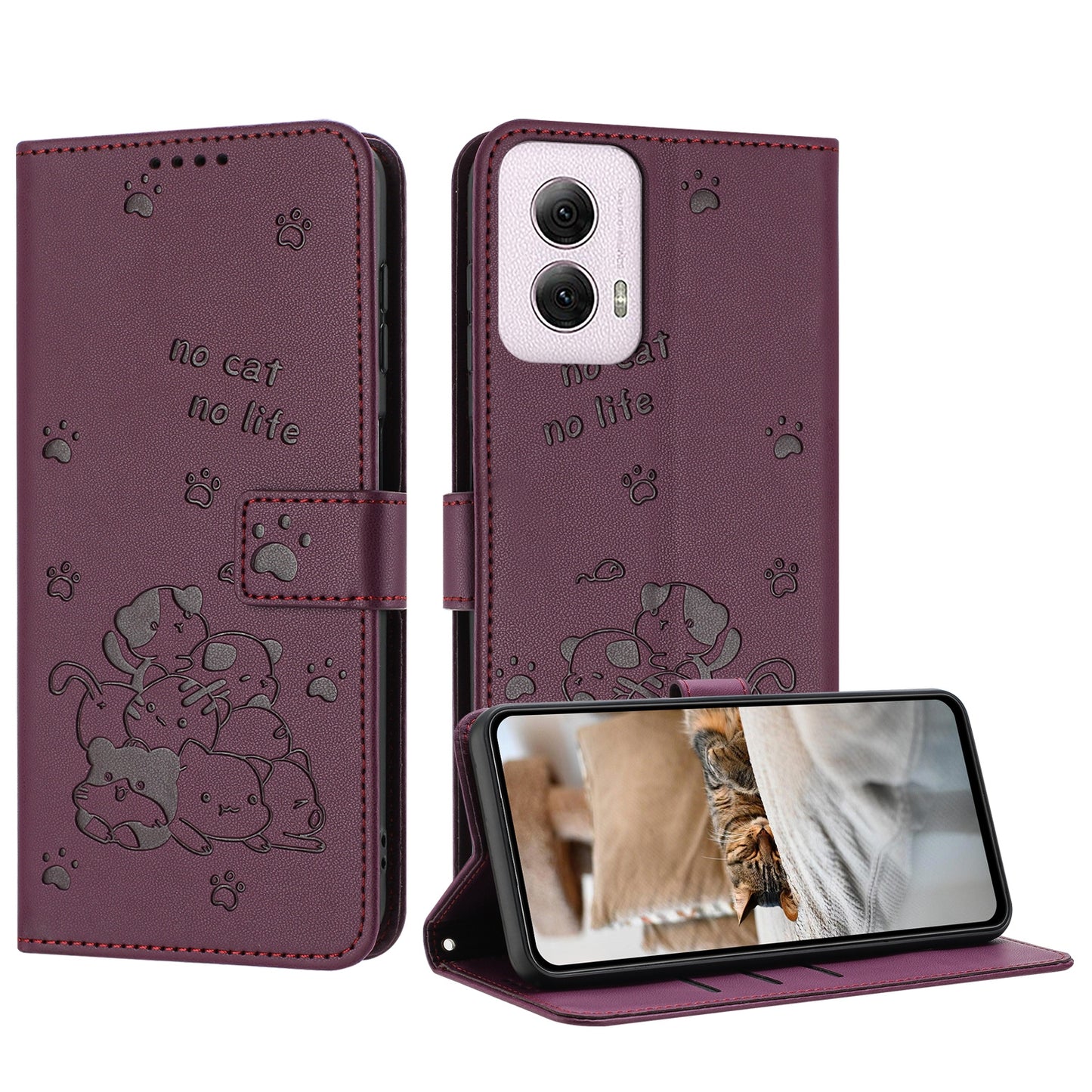 Motorola Moto G Power 5G 2024 Embossed Kitten PU Leather Wallet Case with Card Slots, Cash Pocket, Kickstand Function, Wrist Lanyard Strap, Full Protective TPU Flip Cover