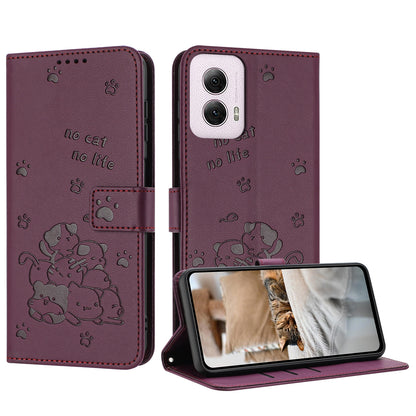 Motorola Moto G Power 5G 2024 Embossed Kitten PU Leather Wallet Case with Card Slots, Cash Pocket, Kickstand Function, Wrist Lanyard Strap, Full Protective TPU Flip Cover