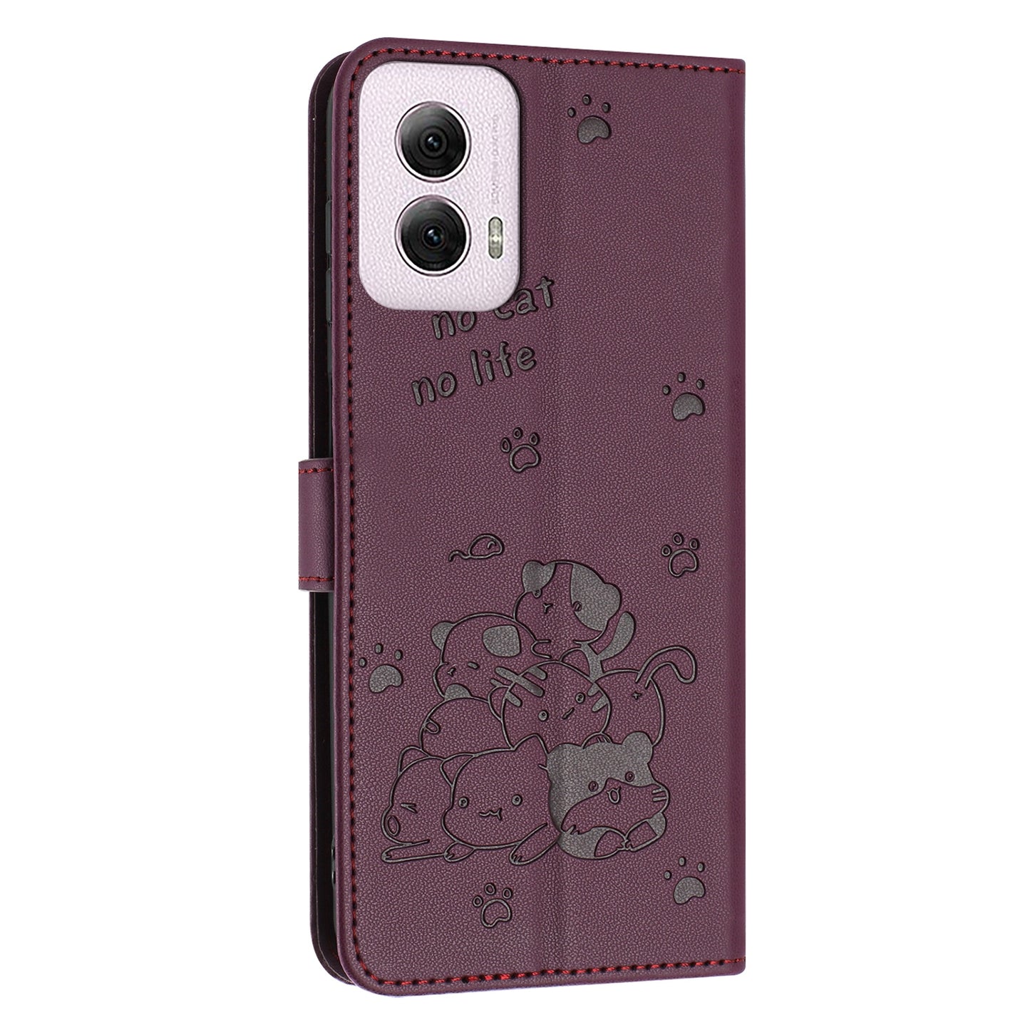 Motorola Moto G Power 5G 2024 Embossed Kitten PU Leather Wallet Case with Card Slots, Cash Pocket, Kickstand Function, Wrist Lanyard Strap, Full Protective TPU Flip Cover