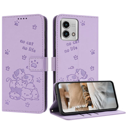 Motorola Moto G Stylus 2023 4G Embossed Kitten PU Leather Wallet Case with Card Slots, Cash Pocket, Kickstand Function, Wrist Lanyard Strap, Full Protective TPU Flip Cover