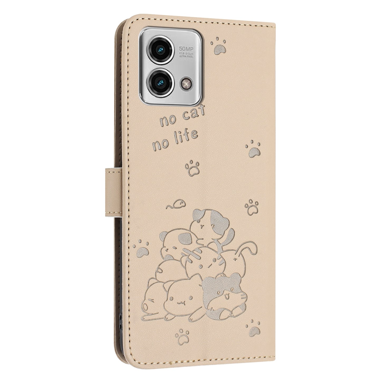 Motorola Moto G Stylus 2023 4G Embossed Kitten PU Leather Wallet Case with Card Slots, Cash Pocket, Kickstand Function, Wrist Lanyard Strap, Full Protective TPU Flip Cover