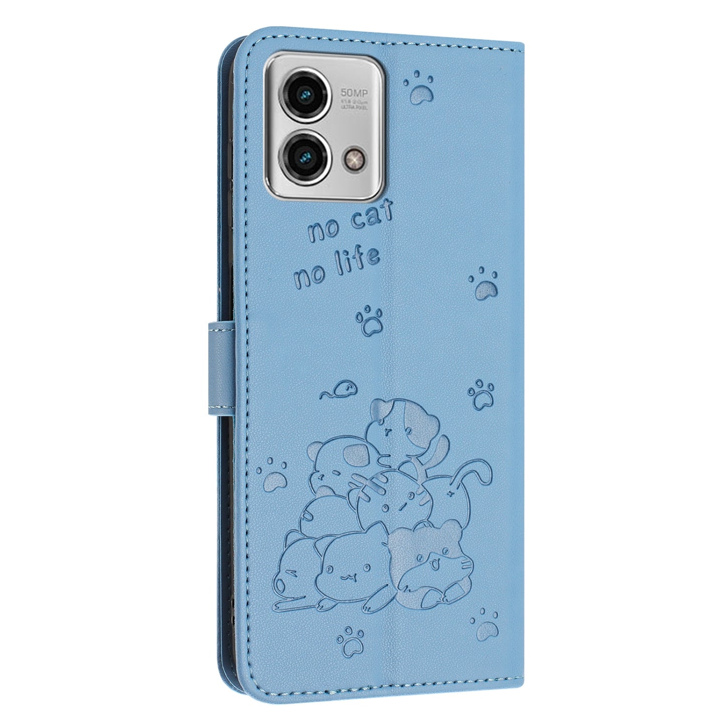 Motorola Moto G Stylus 2023 4G Embossed Kitten PU Leather Wallet Case with Card Slots, Cash Pocket, Kickstand Function, Wrist Lanyard Strap, Full Protective TPU Flip Cover