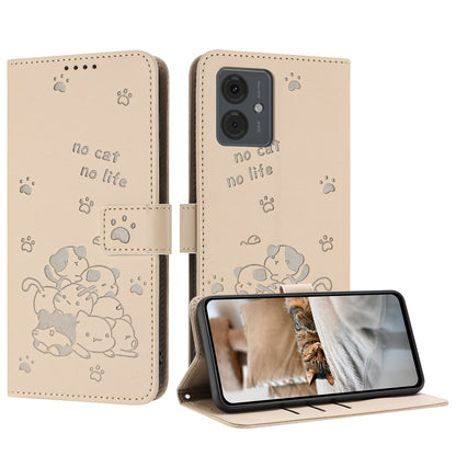 Motorola Moto G24 Embossed Kitten PU Leather Wallet Case with Card Slots, Cash Pocket, Kickstand Function, Wrist Lanyard Strap, Full Protective TPU Flip Cover