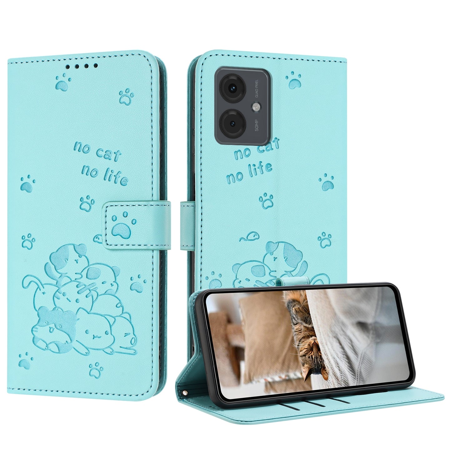 Motorola Moto G04 Embossed Kitten PU Leather Wallet Case with Card Slots, Cash Pocket, Kickstand Function, Wrist Lanyard Strap, Full Protective TPU Flip Cover