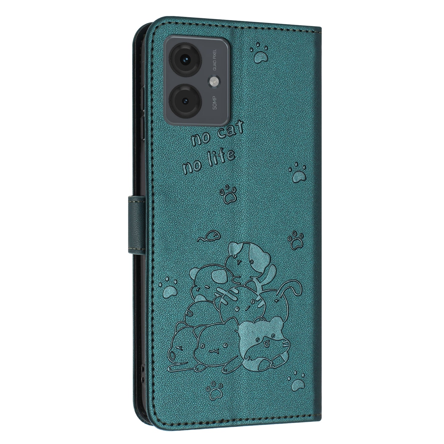 Motorola Moto G04 Embossed Kitten PU Leather Wallet Case with Card Slots, Cash Pocket, Kickstand Function, Wrist Lanyard Strap, Full Protective TPU Flip Cover