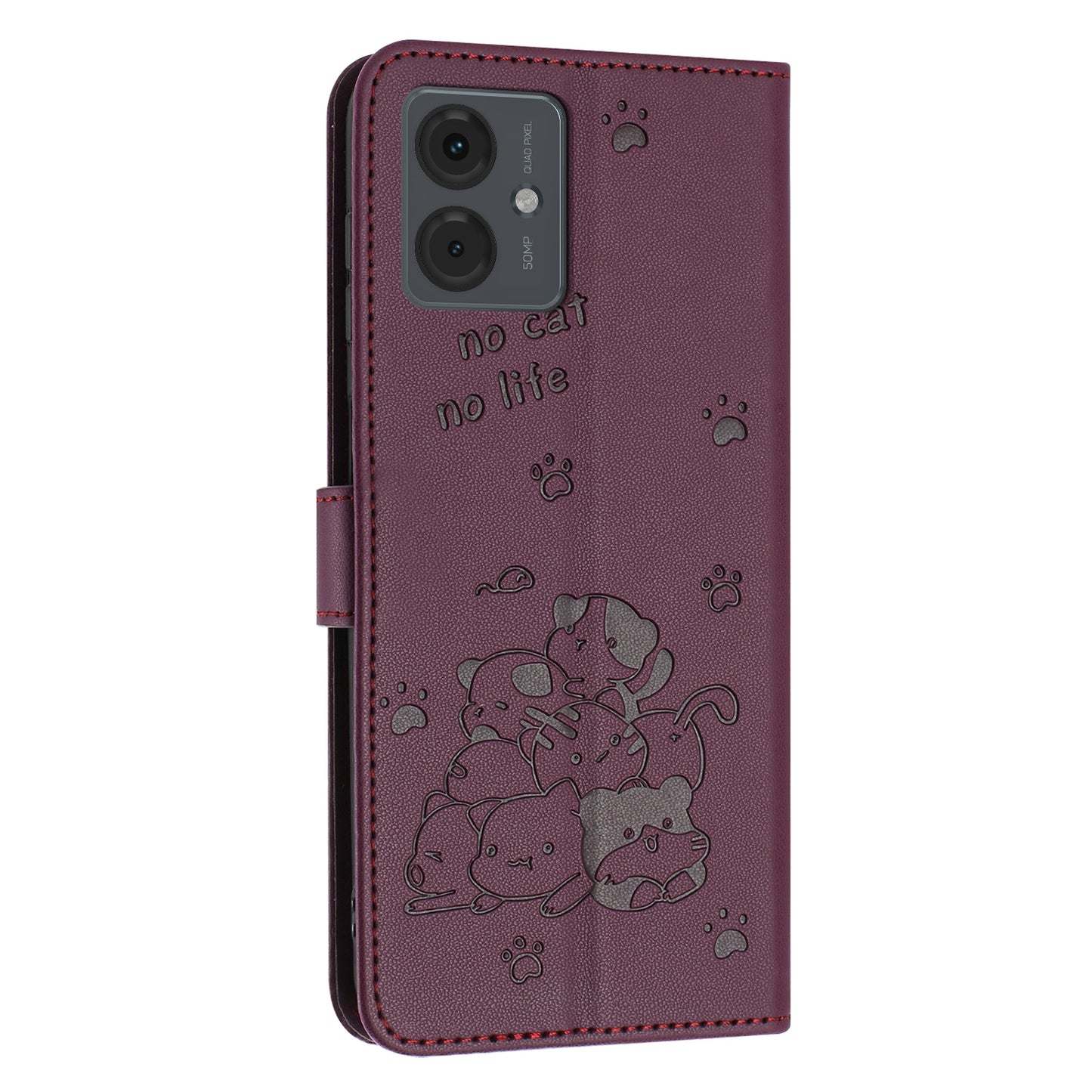 Motorola Moto G04 Embossed Kitten PU Leather Wallet Case with Card Slots, Cash Pocket, Kickstand Function, Wrist Lanyard Strap, Full Protective TPU Flip Cover