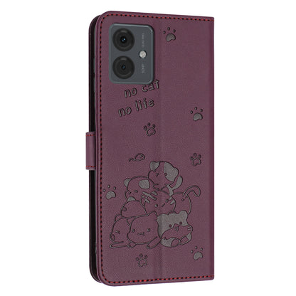 Motorola Moto G04s Embossed Kitten PU Leather Wallet Case with Card Slots, Cash Pocket, Kickstand Function, Wrist Lanyard Strap, Full Protective TPU Flip Cover