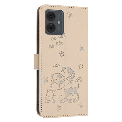 Motorola Moto G14 Embossed Kitten PU Leather Wallet Case with Card Slots, Cash Pocket, Kickstand Function, Wrist Lanyard Strap, Full Protective TPU Flip Cover