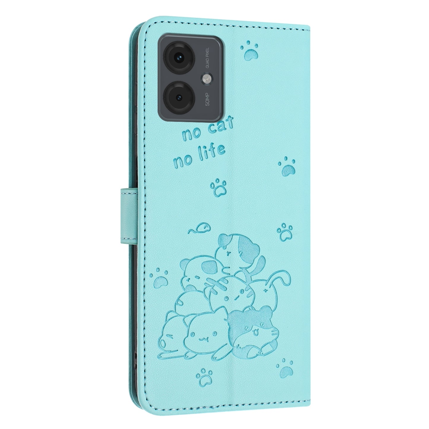 Motorola Moto G14 Embossed Kitten PU Leather Wallet Case with Card Slots, Cash Pocket, Kickstand Function, Wrist Lanyard Strap, Full Protective TPU Flip Cover