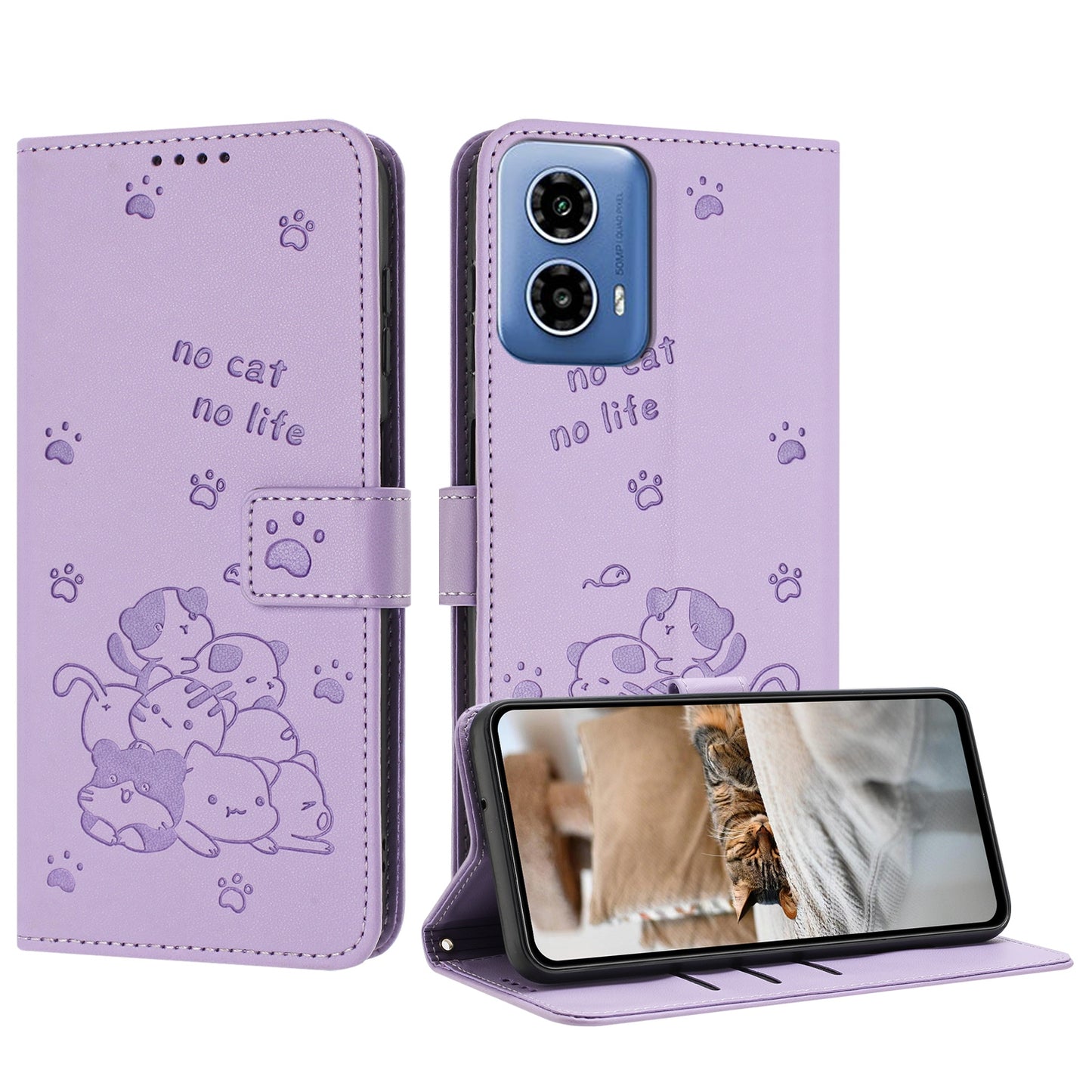 Motorola Moto G34 Embossed Kitten PU Leather Wallet Case with Card Slots, Cash Pocket, Kickstand Function, Wrist Lanyard Strap, Full Protective TPU Flip Cover