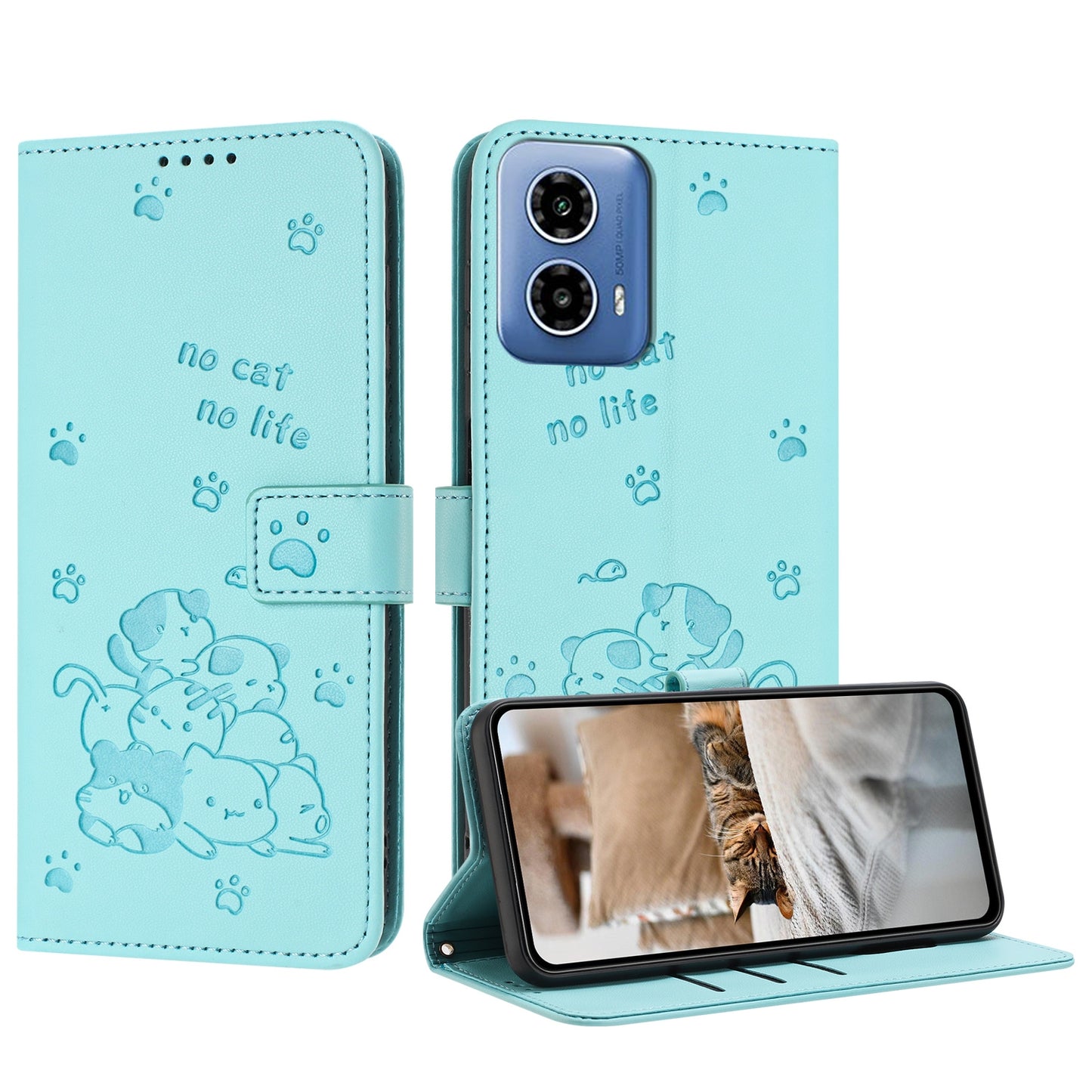 Motorola Moto G34 Embossed Kitten PU Leather Wallet Case with Card Slots, Cash Pocket, Kickstand Function, Wrist Lanyard Strap, Full Protective TPU Flip Cover